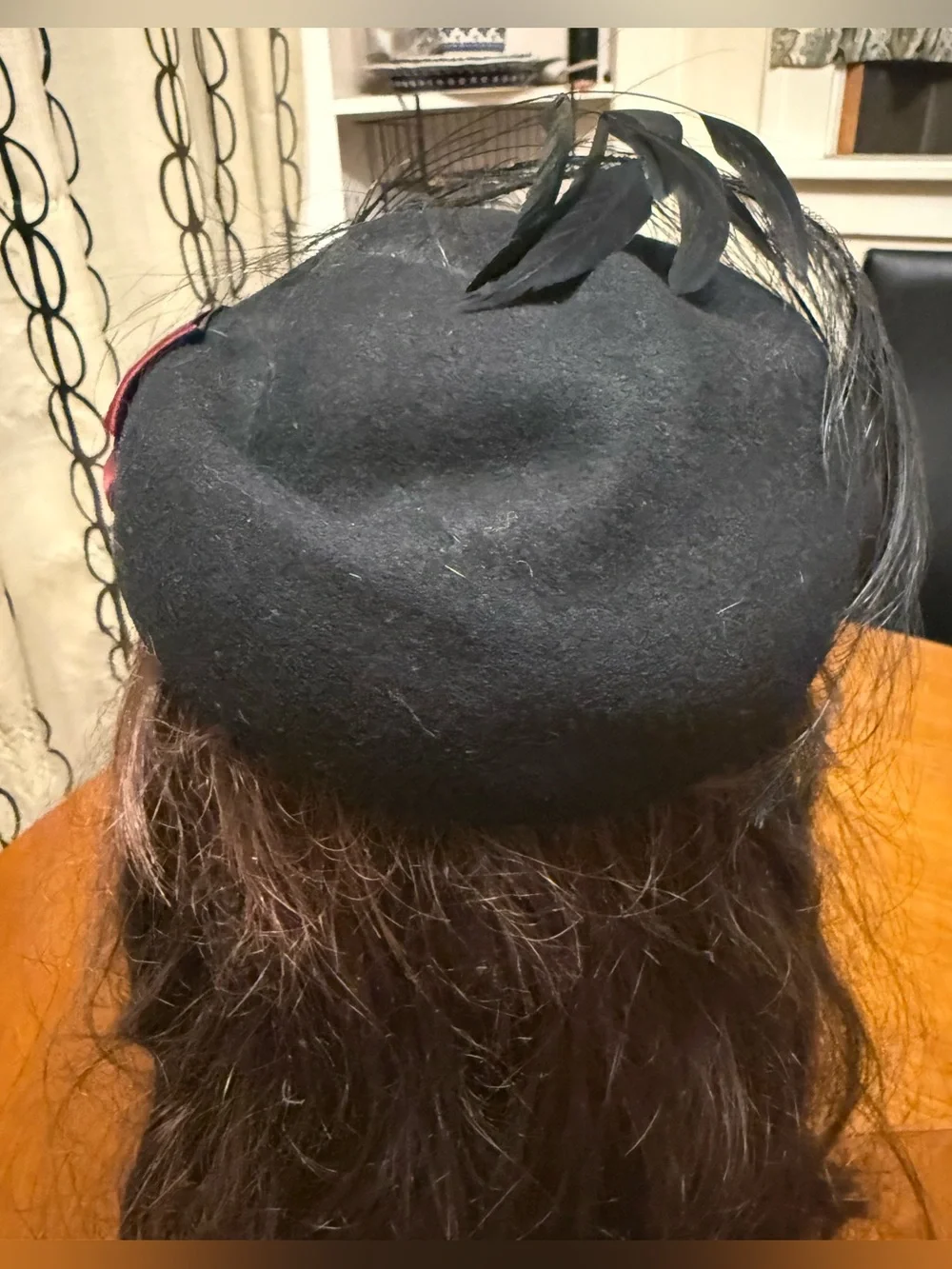 VINTAGE Miss Bierner Michael Howard Black Wool Hat Feather Rhinestone